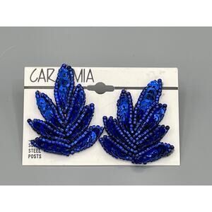 Vintage Cara Mia 80s Blue Sequin & Beads Leaf Post Pierced Earrings